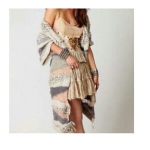 Free‎ People Open Sands Chunky Knit Striped Long Cardigan Sweater Metallic S